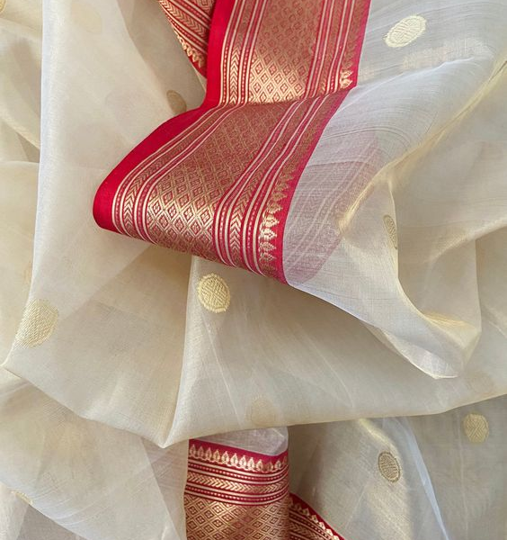 Chanderi Silk Saree - Ivory Gold