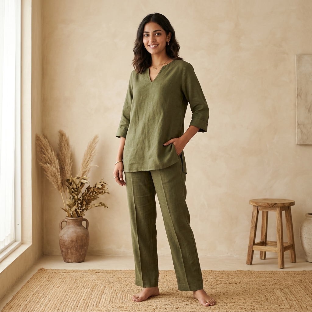 Co-ord Set – Olive Linen — SWARNOM