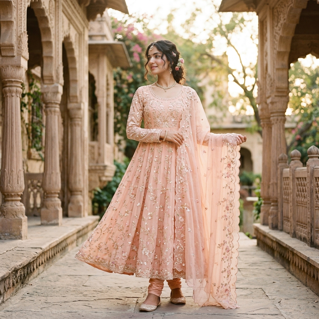 Pastel Georgette Suit – Peach Bloom — SWARNOM